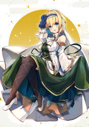 Rule 34 | 1girl, blonde hair, blue eyes, blue hair, brown thighhighs, commentary, commentary request, dress, full body, grimms notes, high heels, jeanne d&#039;arc (grimms notes), looking at viewer, multicolored hair, riia, short hair, solo, thighhighs, two-tone hair