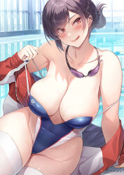 Rule 34 | 1girl, :q, arm support, bare shoulders, black hair, blue one-piece swimsuit, blush, breasts, cleavage, collarbone, commentary request, competition swimsuit, covered navel, cowboy shot, eyes visible through hair, goggles, goggles around neck, groin, hair bun, hair over one eye, highleg, highleg swimsuit, highres, himamo, jacket, large breasts, leaning to the side, long hair, long sleeves, looking at viewer, multicolored clothes, multicolored jacket, off shoulder, one-piece swimsuit, open clothes, open jacket, original, paid reward available, red eyes, red jacket, sidelocks, sitting, solo, strap pull, strap slip, swept bangs, swimsuit, thighhighs, thighs, tongue, tongue out, two-tone jacket, wet, white jacket, white thighhighs