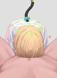 Rule 34 | 1boy, 1girl, absurdres, all fours, blonde hair, blue archive, cat girl, cat tail, clothed female nude male, fellatio, green halo, green panties, grey background, halo, heart, hetero, highres, implied fellatio, kotani (dainanumi), long sleeves, medium hair, midori (blue archive), navel, nude, oral, panties, pov, shirt, simple background, spread legs, tail, underwear, white shirt
