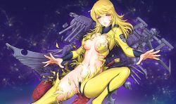 Rule 34 | 1girl, areola slip, ass, blonde hair, blush, bodysuit, breasts, cleavage, gloves, long hair, looking at viewer, medium breasts, mori yuki, navel, open mouth, purple eyes, solo, sonota taisei, space, tears, torn bodysuit, torn clothes, turret, uchuu senkan yamato