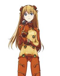 Rule 34 | 1girl, blue eyes, bodysuit, bracer, breasts, brown hair, clothes writing, cowboy shot, from below, frown, gloves, hair ornament, hairpods, headgear, holding, holding own arm, interface headset, long hair, looking at viewer, mebae, multicolored clothes, neon genesis evangelion, orange hair, pilot suit, plugsuit, see-through, simple background, small breasts, solo, souryuu asuka langley, test plugsuit, turtleneck, very long hair, white background