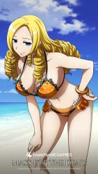 Rule 34 | 1girl, absurdres, beach, bikini, blonde hair, blue eyes, breasts, cleavage, highres, large breasts, long hair, looking at viewer, navel, official art, overlord (maruyama), solo, solution epsilon, swimsuit