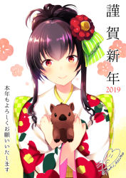 Rule 34 | 1girl, 2019, animal, animal hug, azuma yuki, blush, boar, bow, brown hair, checkered bow, checkered clothes, closed mouth, commentary request, floral print, flower, green bow, hair between eyes, hair bow, hair flower, hair ornament, happy new year, japanese clothes, kimono, long hair, long sleeves, new year, original, print kimono, red eyes, red flower, sidelocks, signature, smile, solo, striped, striped bow, translation request, twitter username, upper body, white background, white kimono, wide sleeves