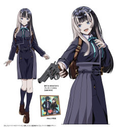 Rule 34 | 1boy, 1girl, backpack, bag, black hair, blue eyes, blunt bangs, breasts, commentary request, contrapposto, cowboy shot, full body, gun, hand on own chest, handgun, highres, holding, holding gun, holding weapon, hololive, hololive dev is, jigen daisuke, juufuutei raden, konbanwa01, light blush, long hair, lupin iii, lycoris recoil, lycoris uniform, medium breasts, multicolored hair, multiple views, open mouth, picture frame, aiming, revolver, smile, smith &amp; wesson model 19, streaked hair, virtual youtuber, weapon