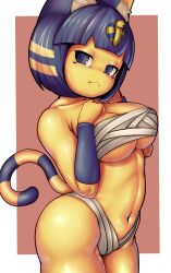 Rule 34 | 1girl, animal crossing, animal ears, ankha (animal crossing), bandages, blue eyes, blue hair, breasts, cat ears, cat girl, cat tail, egyptian, furry, furry female, highres, max (maxlikeapicture), medium breasts, nintendo, tail, underwear, yellow fur