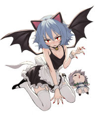 Rule 34 | 1girl, alternate costume, animal ears, apron, bat wings, bell, black dress, black footwear, blood, blue hair, blush, cat ears, character doll, choker, dress, enmaided, fingernails, fkey, full body, garter straps, jingle bell, long fingernails, looking at viewer, maid, nail polish, neck bell, nosebleed, red eyes, red nails, remilia scarlet, sharp fingernails, shoes, short dress, simple background, sitting, solo, thighhighs, touhou, waist apron, wariza, white background, white thighhighs, wings