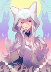 Rule 34 | 1girl, brand new animal, closed mouth, commentary request, gloves, hair between eyes, hands up, highres, hiwatashi nazuna, hood, hoodie, long hair, looking at viewer, multicolored hair, num (zombie headline), pink hair, red eyes, smile, solo, two-tone hair, white gloves, white hair, white hoodie