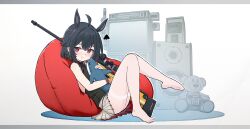 Rule 34 | 1girl, :t, absurdres, ahoge, animal ears, bean bag chair, black hair, black shirt, braid, c4, commentary, english commentary, feet, gun, hair between eyes, highres, holding, holding stuffed toy, horse ears, horse girl, ikea shark, knees to chest, knees together feet apart, legs, looking at viewer, no shoes, original, pantyhose, pleated skirt, pout, red eyes, rifle, see-through, see-through legwear, shirt, sitting, skirt, slit pupils, sniper rifle, solo, speaker, stuffed animal, stuffed shark, stuffed toy, teddy bear, thighs, toes, variant set, weapon, white background, white pantyhose, white skirt, xandier59