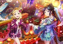 Rule 34 | 10s, 2girls, :d, architecture, blonde hair, blue hair, cherry blossoms, east asian architecture, embarrassed, flower, hair flower, hair ornament, holding hands, highres, japanese clothes, kimono, kimono skirt, lantern, long hair, love live!, love live! school idol festival, love live! sunshine!!, matsuura kanan, multiple girls, official art, ohara mari, oil-paper umbrella, open mouth, petals, ponytail, purple eyes, smile, stitched, third-party edit, umbrella, yellow eyes, yuri