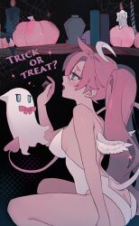 Rule 34 | 1girl, backless outfit, from side, halloween, original, pink hair, saku nosuke, sitting, suzette (sa9no), tail, wings