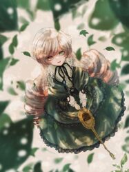 Rule 34 | 1girl, brown hair, dress, drill hair, frilled dress, frills, green dress, green eyes, head scarf, heterochromia, highres, holding, holding watering can, kiru (m putorius), leaf, lolita fashion, long hair, long sleeves, looking at viewer, open mouth, plant, red eyes, rozen maiden, smile, solo, suiseiseki, very long hair, watering, watering can