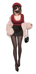 Rule 34 | 1girl, abab xiaxia, bag, black footwear, black hair, black pantyhose, black skirt, breasts, chinese text, cleavage, closed mouth, coat, collarbone, commentary, forehead, full body, fur coat, hair ornament, hairclip, handbag, hat, high heels, highres, jewelry, large breasts, legs, mask, mouth mask, multicolored hair, necklace, orange hair, original, pantyhose, parted bangs, red shirt, shirt, simplified chinese text, skirt, solo, stiletto heels, streaked hair, striped, thighs, two-tone hair, white background, yellow eyes