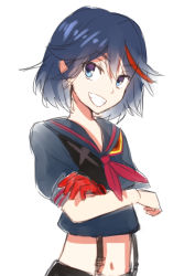 Rule 34 | 10s, 1girl, amatou cacao, black hair, blue eyes, eyelashes, gloves, grin, happy, highres, kill la kill, kuromitsu roa, looking at viewer, matoi ryuuko, midriff, multicolored hair, navel, red gloves, red hair, senketsu, simple background, single glove, sketch, smile, solo, standing, streaked hair, suspenders, two-tone hair, white background