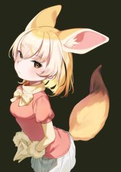 Rule 34 | 1girl, absurdres, animal ears, bad id, bad pixiv id, black background, blonde hair, bow, bowtie, commentary, cowboy shot, fennec (kemono friends), fingers together, fox ears, fox girl, fox tail, fur-trimmed gloves, fur trim, gloves, highres, kemono friends, looking at viewer, pleated skirt, short hair, simple background, skirt, solo, steepled fingers, tail, useq1067, white skirt, yellow bow, yellow bowtie, yellow eyes