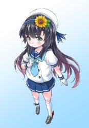 Rule 34 | 1girl, black hair, blue background, blue neckerchief, blue ribbon, blue sailor collar, blue skirt, commentary request, flower, from above, full body, gloves, gradient background, gradient hair, green eyes, hat, kantai collection, kneehighs, loafers, long hair, matsuwa (kancolle), multicolored hair, neckerchief, pleated skirt, puffy short sleeves, puffy sleeves, purple hair, ribbon, sailor collar, sailor hat, school uniform, serafuku, shoes, short sleeves, skirt, socks, solo, standing, sunflower, takomeshi, tareme, white gloves, white hat, white socks