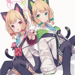 Rule 34 | 2girls, :3, :o, absurdres, animal ear headphones, animal ears, black pants, black skirt, black thighhighs, blonde hair, blue archive, blue necktie, blush, bow, cat ears, cat tail, collared shirt, commentary, fake animal ears, green bow, green eyes, green hood, hair bow, halo, headphones, highres, jacket, knees up, long sleeves, looking at viewer, midori (blue archive), momoi (blue archive), multiple girls, necktie, open mouth, pants, pink halo, pink hood, red bow, red eyes, shiratakiseaice, shirt, short hair, siblings, simple background, sisters, sitting, skirt, tail, thighhighs, twins, v, v-shaped eyebrows, white background, white jacket, white shirt