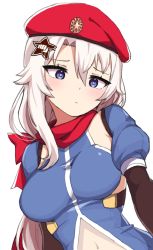 Rule 34 | 1girl, 9a-91 (girls&#039; frontline), :&lt;, beret, blue eyes, blush, breasts, girls&#039; frontline, hair between eyes, hat, jorin, long hair, looking at viewer, medium breasts, navel, red scarf, scarf, simple background, solo, upper body, white background, white hair