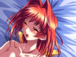 Rule 34 | 1girl, 5pb., bed, blush, bou (inubou), breasts, closed eyes, game cg, kagami sumika, large breasts, lying, muv-luv, on back, open mouth, red hair, solo, topless