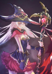 Rule 34 | 1girl, artist name, belt, belt pouch, black background, black hat, blue gloves, blush, breasts, cape, cleavage, cowboy shot, fantasy, fur cape, gem, gloves, hair between eyes, hat, highres, holding, holding clothes, holding shirt, holding staff, kagawa yuusaku, lace, lace-trimmed shirt, lace trim, large hat, long hair, looking at viewer, magician, medium breasts, original, parted lips, pouch, purple eyes, red cape, red skirt, shirt, signature, silver hair, skirt, solo, staff, thighs, witch, witch hat, wizard