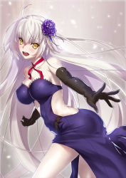 Rule 34 | 1girl, :d, ass, bare shoulders, black gloves, blush, covered erect nipples, dress, closed eyes, fate (series), gloves, highres, jeanne d&#039;arc (fate), jeanne d&#039;arc alter (avenger) (fate), jeanne d&#039;arc alter (fate), long hair, looking at viewer, official alternate costume, open mouth, purple dress, smile, solo, very long hair, white hair, yellow eyes, yoshida takuma