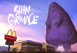 Rule 34 | black eyes, blue sky, building, bush, character name, cloud, colored sclera, day, doug williams, english text, fence, giant, giant monster, godzilla (series), grimace (mcdonald&#039;s), highres, logo parody, mcdonald&#039;s, monster, outdoors, parody, purple sclera, restaurant, shin godzilla, sign, sky, standing, walking