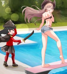Rule 34 | 2girls, anchor earrings, arm strap, azur lane, bikini, brown bikini, brown hair, cape, child, closed eyes, commander cool, commission, cutoff jeans, cutoffs, diving board, earrings, hat, highleg, highleg bikini, highres, jean bart (azur lane), jean bart (private apres midi) (azur lane), jewelry, micro shorts, mother and daughter, multiple girls, open mouth, pirate hat, playing, pool, red eyes, red legwear, red shirt, ring, shirt, shorts, smile, swimsuit, toy sword, wedding band