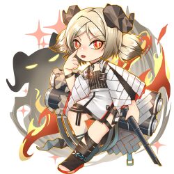 Rule 34 | 1girl, andangpou, antique firearm, arknights, black choker, black dress, black footwear, chibi, choker, clip studio paint (medium), commission, dress, finger to eye, fire, firearm, gun, highres, holding, holding gun, holding weapon, horns, ifrit (arknights), jacket, light brown hair, looking at viewer, open mouth, pointing, pyrokinesis, red eyes, shoes, short twintails, simple background, sitting, solo focus, toeless footwear, twintails, weapon, white background, white jacket