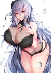 Rule 34 | 1girl, azur lane, blush, breasts, cleavage, curvy, graf zeppelin (azur lane), graf zeppelin (beachside urd) (azur lane), highres, huge breasts, long hair, looking at viewer, mature female, monotosu, red eyes, silver hair, smile, solo, swimsuit, thighs, very long hair