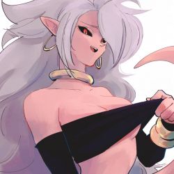 Rule 34 | 1girl, android 21, arm at side, black gloves, black sclera, bracelet, breasts, cleavage, close-up, clothes pull, collarbone, colored sclera, colored skin, dragon ball, dragon ball fighterz, earrings, elbow gloves, fang, furrowed brow, gloves, grey hair, hand up, hoop earrings, jewelry, kz (dbz kz), looking at viewer, looking down, majin android 21, medium breasts, midriff, narrow waist, neck ring, open mouth, pink skin, pointy ears, pulled by self, red eyes, simple background, solo, spiked hair, strapless, tail, teeth, tsurime, tube top, underboob, upper body, upper teeth only, wavy hair, white background