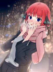 Rule 34 | 1girl, black coat, black ribbon, black skirt, blue eyes, blunt bangs, blush, butterfly hair ornament, christmas, christmas lights, coat, go-toubun no hanayome, grey shirt, hair ornament, hand to own mouth, highres, kakato 0, nakano nino, night, open mouth, outdoors, pink hair, pink scarf, raised eyebrows, ribbon, scarf, shirt, simple background, skirt, solo, steam, twintails