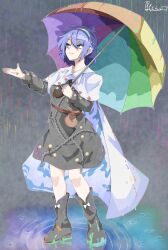 Rule 34 | 1girl, :3, belt pull, black dress, black footwear, blue eyes, blue hair, boots, breasts, brown sash, cape, commentary request, dress, full body, hairband, highres, holding, holding umbrella, kakineko, long sleeves, messy hair, multicolored hairband, multicolored umbrella, pouch, puffy sleeves, rain, short hair, small breasts, smile, solo, standing, tenkyuu chimata, touhou, umbrella, wet, white cape, zipper, zipper pull tab