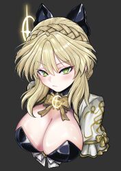 1girl absurdres alternate_costume black_background blonde_hair blush bow bowtie braid breasts cleavage closed_mouth commentary_request crown_braid elden_ring elden_ring:_shadow_of_the_erdtree great_rune_(elden_ring) green_eyes green_pupils hair_between_eyes highres large_breasts looking_at_viewer magical_girl medium_hair needle_knight_leda simple_background solo star-shaped_pupils star_(symbol) symbol-shaped_pupils upper_body v-shaped_eyebrows xoo_(pixiv_100957810) yellow_bow yellow_bowtie