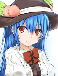 Rule 34 | 1girl, black hat, blue hair, blush, bow, bowtie, buttons, food, frills, fruit, hat, hinanawi tenshi, leaf, long hair, looking at viewer, peach, puffy sleeves, red bow, red bowtie, red eyes, shirt, smile, solo, sweat, touhou, upper body, very long hair, white shirt, wing collar, yuhito (ablbex)