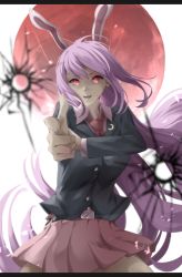 Rule 34 | 1girl, animal ears, bad id, bad twitter id, belt, blazer, bullet hole, crescent, crescent pin, finger gun, glowing, glowing eyes, hair between eyes, highres, jacket, letterboxed, light purple hair, long hair, long sleeves, looking at viewer, moon, necktie, open mouth, otomeza ryuseigun, pink skirt, pleated skirt, rabbit ears, red eyes, red moon, reisen udongein inaba, skirt, solo, thighs, touhou