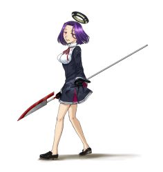 Rule 34 | 10s, 1girl, black gloves, black theme, breasts, dress, from side, full body, glaive (polearm), gloves, halo, kantai collection, large breasts, legs, loafers, mechanical halo, mole, mole under eye, no socks, outstretched hand, polearm, purple hair, red eyes, red ribbon, ribbon, shadow, shirt, shoes, short dress, simple background, smile, solo, spread fingers, tatsuta (kancolle), tsukimi 50, white background, white shirt