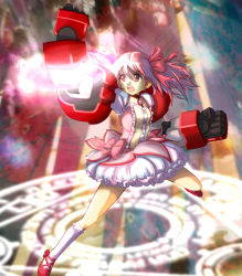 Rule 34 | 10s, 1girl, angry, armor, bubble skirt, clenched hand, dress, fighting stance, fusion, gundam, gundam age, gundam age-1, gundam age-1 titus, kaname madoka, kneehighs, magical girl, mahou shoujo madoka magica, mahou shoujo madoka magica (anime), matirine, mecha, mecha musume, mechanical arms, open mouth, pink hair, robot, short twintails, skirt, socks, solo, standing, twintails