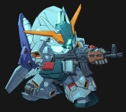 Rule 34 | aiming, aqua eyes, assault rifle, beam rifle, black background, char&#039;s counterattack, chibi, energy gun, glowing, glowing eyes, gun, gundam, gundam msv, holding, holding gun, holding weapon, mecha, mobile suit, re-gz custom, rifle, robot, science fiction, solo, susagane, v-fin, weapon