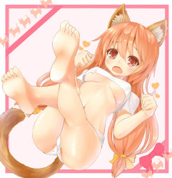 Rule 34 | 1girl, animal ears, ass, bare legs, barefoot, breasts, brown eyes, brown hair, cat ears, cat tail, chiroshiron, crop top, feet, framed, full body, heart, long hair, lying, midriff, navel, no bra, on back, open mouth, original, outside border, short shorts, shorts, soles, solo, tail, tears, toes, twintails, underboob, very long hair