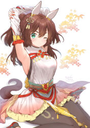 Rule 34 | 1girl, animal ears, armpits, arms up, black pantyhose, blush, breasts, brown hair, detached sleeves, double-parted bangs, ear covers, gradient skirt, green eyes, hair ornament, highres, horse ears, horse girl, horse tail, inari one (fields of gold) (umamusume), inari one (umamusume), long hair, medium breasts, mochiko tsuru, nontraditional miko, official alternate costume, one eye closed, pantyhose, presenting armpit, sash, sideboob, sitting, sleeveless, solo, stretching, tail, tassel, tassel hair ornament, two side up, ultraman belial early style, umamusume, wariza