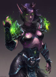 Rule 34 | 1girl, armor, artist name, astri lohne sjursen, belt, breasts, capelet, cleavage, colored skin, cowboy shot, earrings, elbow gloves, elf, flaming hand, fur, gauntlets, gem, gloves, glowing, glowing eyes, gradient background, green eyes, highres, horns, jewelry, leather, long eyebrows, night elf (warcraft), pointy ears, purple hair, purple skin, short hair, shoulder armor, shoulder pads, signature, skull, solo, tattoo, torn clothes, warcraft, world of warcraft