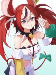 Rule 34 | 1girl, absurdres, animal ears, aqua background, asymmetrical sleeves, bare shoulders, black hair, blue eyes, breasts, cleavage, collar, commentary, cowboy shot, detached sleeves, dice hair ornament, english commentary, hair ornament, hakos baelz, hand up, highres, hololive, hololive english, large ears, light blush, long hair, looking at viewer, mac star, midriff, mismatched sleeves, mouse ears, mouse girl, mouse tail, multicolored hair, navel, red hair, sharp teeth, shirt, skirt, smile, solo, spiked collar, spikes, strapless, streaked hair, tail, teeth, tube top, twintails, v, virtual youtuber, white background, white hair, white shirt, white skirt, yellow sleeves