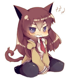 Rule 34 | 1girl, animal ears, bad id, bad pixiv id, blue eyes, blush, brown hair, cat ears, cat tail, chibi, jacket, kemonomimi mode, makise kurisu, masirosu, pants, pantyhose, shirt, sitting, solo, steins;gate, tail, v arms, wavy mouth