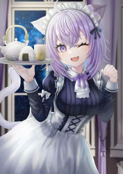 Rule 34 | 1girl, absurdres, ahoge, animal ear fluff, animal ears, apron, blue shirt, cat ears, cat girl, cat tail, commentary request, cup, fang, hair between eyes, highres, holding, holding cup, holding teapot, holding tray, hololive, long sleeves, looking at viewer, maid, maid apron, maid headdress, nekomata okayu, one eye closed, open mouth, purple eyes, purple hair, shirt, solo, tail, teacup, teapot, tongue, tray, virtual youtuber, wajuniorbox