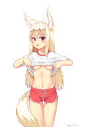 Rule 34 | 1girl, animal ear fluff, animal ears, bad id, bad pixiv id, blonde hair, blush, breasts, clothes lift, collarbone, cowboy shot, dated, fang, fox ears, fox girl, fox tail, highres, kemo (pokka), lifting own clothes, long hair, looking at viewer, navel, no bra, open mouth, original, red eyes, red shorts, shirt, shirt lift, short shorts, short sleeves, shorts, simple background, small breasts, solo, sportswear, standing, tail, thigh gap, underboob, undressing, white background, white shirt