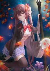 Rule 34 | 1girl, :d, absurdres, adjusting clothes, adjusting shoe, alternate costume, arm support, autumn leaves, benzi li, blazer, bow, bowtie, brown hair, collared shirt, commentary request, contemporary, flower, genshin impact, hair between eyes, hair flower, hair ornament, highres, hu tao (genshin impact), jacket, lamppost, leaf, long hair, long sleeves, maple leaf, night, night sky, open mouth, plaid, plaid skirt, pleated skirt, red eyes, school uniform, shirt, sidelocks, skirt, sky, smile, solo, standing, standing on one leg, star (sky), starry sky, symbol-shaped pupils, thighhighs, twintails, zettai ryouiki