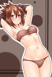 Rule 34 | 1girl, armpits, arms up, bad id, bad pixiv id, bandeau, bare arms, bare legs, bare shoulders, bikini, black hairband, blush, breasts, brown background, brown bikini, brown eyes, brown hair, cleavage, closed mouth, collarbone, cover (cover re), dutch angle, expressionless, eyes visible through hair, female focus, frown, groin, hair between eyes, hairband, highres, leaning, leaning back, legs, looking at viewer, medium breasts, navel, neck, original, outline, serious, short hair, shy, solo, strapless, strapless bikini, swimsuit, thighs, underboob, undressing, white outline