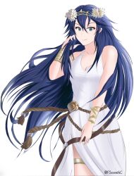 Rule 34 | 1girl, adjusting hair, armlet, armpits, artist name, bare shoulders, blue eyes, blue hair, bracelet, breasts, cleavage, clenched hand, collarbone, dress, fc (moonlitfc), female focus, fingernails, fingers, fire emblem, fire emblem awakening, fire emblem heroes, flower hair ornament, flower knot, hair between eyes, hand on own thigh, hand up, happy, highres, intelligent systems, jewelry, legs, long dress, long hair, looking at viewer, lucina (fire emblem), lucina (valentine) (fire emblem), matching hair/eyes, neck, nintendo, no bra, parted bangs, rope belt, side slit, sidelocks, simple background, sleeveless, small breasts, smirk, standing, sundress, symbol in eye, thighlet, thighs, white background, white dress