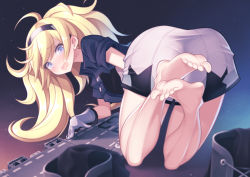 Rule 34 | 1girl, barefoot, blonde hair, blue eyes, blue shirt, blush, breast pocket, buttons, feet, gambier bay (kancolle), gloves, hairband, highres, kantai collection, long hair, nishikasai munieru, open mouth, pocket, shirt, short sleeves, shorts, soles, solo, toes, twintails, white gloves, white shorts