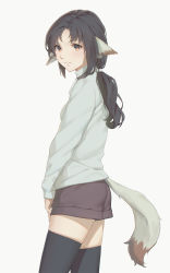 Rule 34 | 1girl, animal ears, bad id, bad pixiv id, black hair, black thighhighs, brown eyes, closed mouth, commentary request, dog ears, dog tail, eruruu, expressionless, from side, grey background, hair tie, highres, long hair, long sleeves, looking at viewer, miura-n315, parted bangs, ponytail, shirt, shorts, simple background, solo, standing, tail, thighhighs, utawarerumono, utawarerumono: itsuwari no kamen, white shirt