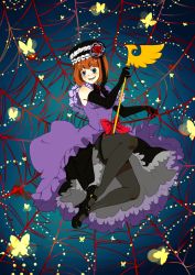 Rule 34 | 1girl, ai-wa, aiwatan, bad id, bad pixiv id, bare shoulders, black gloves, blue eyes, bow, breasts, bug, butterfly, dress, elbow gloves, eva beatrice, fang, flower, frills, gloves, grin, hat, bug, mary janes, orange hair, pantyhose, red flower, red rose, ribbon, rose, shoes, silk, small breasts, smile, solo, spider web, staff, umineko no naku koro ni